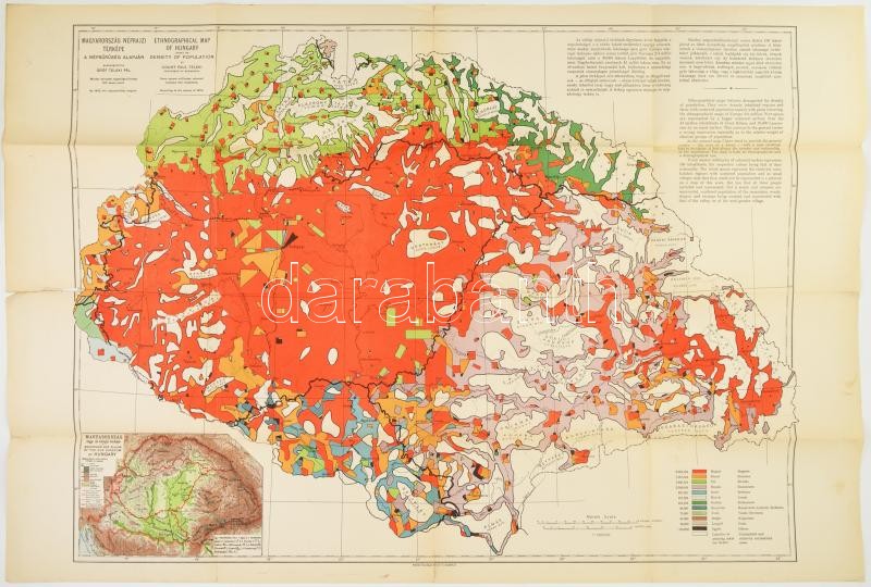 cca 1920-40 Magyarország néprajzi térképe a népsűrűség alapján, ún. 'Vörös térkép', szerk.: Gróf Teleki Pál, 1: 1.000.000, hajtva, szakadással, 94,5x62,5 cm
