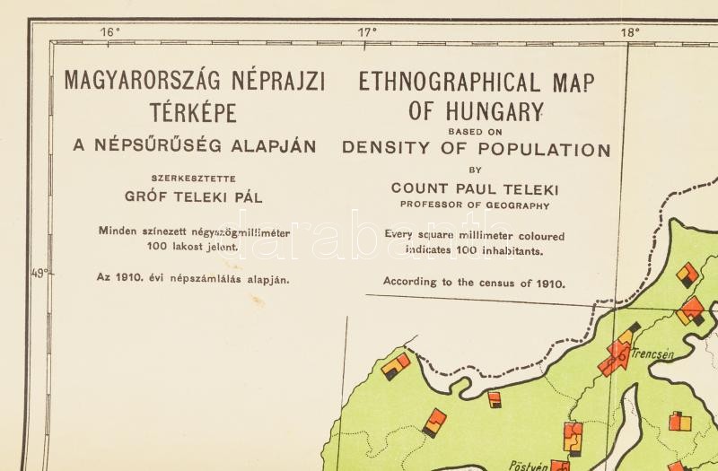 cca 1920-40 Magyarország néprajzi térképe a népsűrűség alapján, ún. 'Vörös térkép', szerk.: Gróf Teleki Pál, 1: 1.000.000, hajtva, szakadással, 94,5x62,5 cm - Image 3