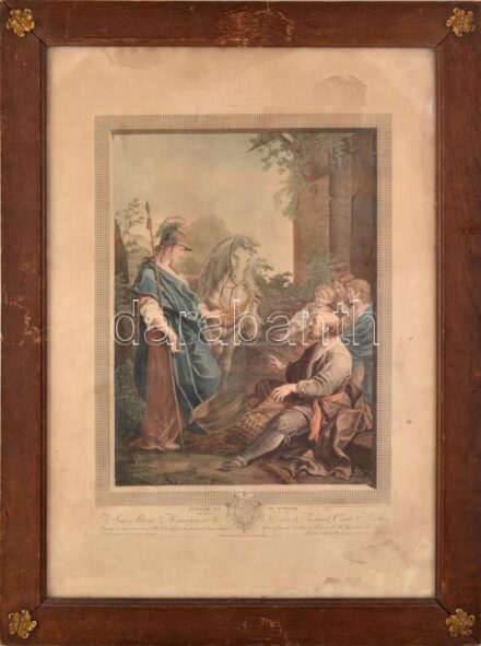 Charles André van Loo (Carle van Loo, 1705-1765), Carlo Antonio Porporati (1741-1816) metszése: Hermine et le berger. Akvarellel színezett rézmetszet. Kissé foltos. Dekoratív, sarkaiban fém veretekkel díszített, kissé sérült, üvegezett