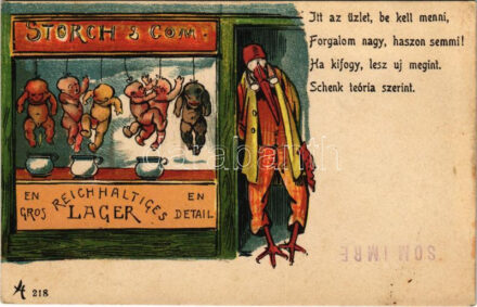 Storch & Com. / stork's shop with babies, humour / Gólya és Társa vállalat kisbabákkal, humoros litho