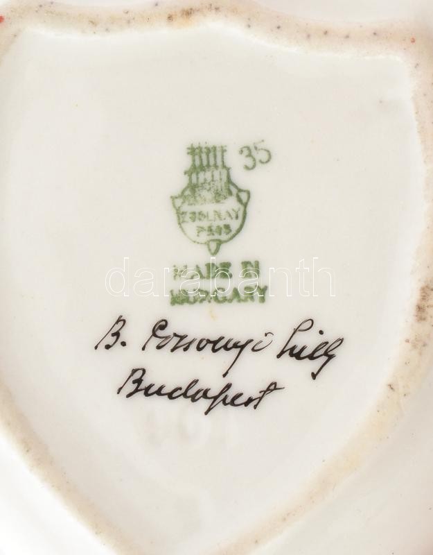 Régi Zsolnay tálka, kézzel festett, kopott, jelzett: 'B. Pozsonyi Lilly Budapest', 10x8 cm - Image 2
