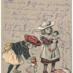 1903 Children art postcard, girls with dolls. Emb. litho (ázott / wet damage)