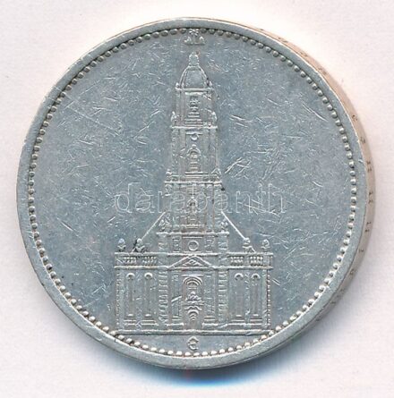 Német Harmadik Birodalom 1934E 5M Ag 'Potsdami Garrison templom' T:2,2- ph. German Third Reich 1934E 5 Mark Ag 'Potsdam Garrison Church' C:XF,VF edge error Krause KM#83