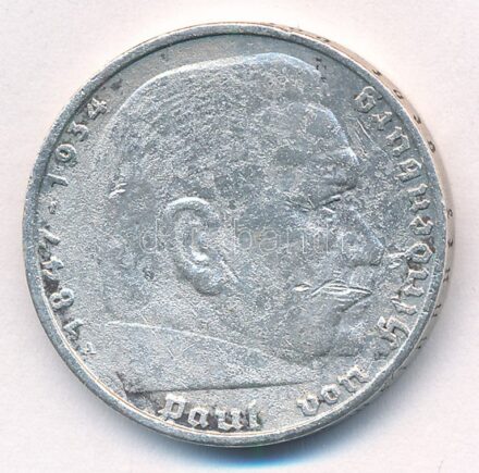 Német Harmadik Birodalom 1936A 5M Ag 'Hindenburg' T:2-,3 ph., patina German Third Reich 1936A 5 Mark Ag 'Hindenburg' C:VF,F edge error, patina Krause KM#86