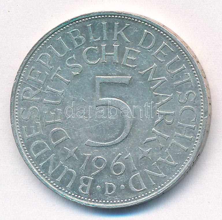 Német Szövetségi Köztársaság 1961D 5M Ag T:2 patina, kis ph GFR 1961D 5 Mark Ag C:XF patina, small edge error Krause KM#112