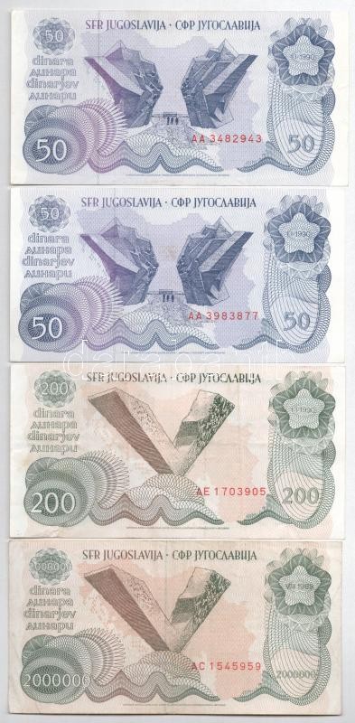 Jugoszlávia 1989. 2.000.000D + 1990. 50D (2x) + 200D T:III közte szép papír, az egyiken kis folt Yugoslavia 1989. 2.000.000 Dinara + 1990. 50 Dinara (2x) + 200 Dinara C:F fine paper in it, one small spot on one