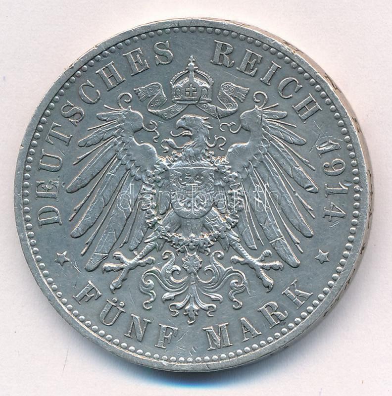 Német Birodalom / Szászország 1914E 5M Ag 'III. Frigyes Ágost' T:2,2- ph. German Empire / Saxony 1914E 5 Mark Ag 'Friedrich August III' C:XF,VF edge error Krause KM#1266 - Image 2