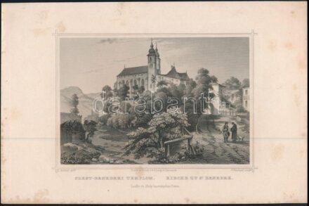 Ludwig Rohbock (1820-1883)-G. Heisinger (?-?): Szent-Benedeki templom, Kirche zu St. Benedek. Garamszentbenedek (Hronský Beňadik, Sankt Benedikt.) Acélmetszet jelzett a nyomaton, 10x15 cm/