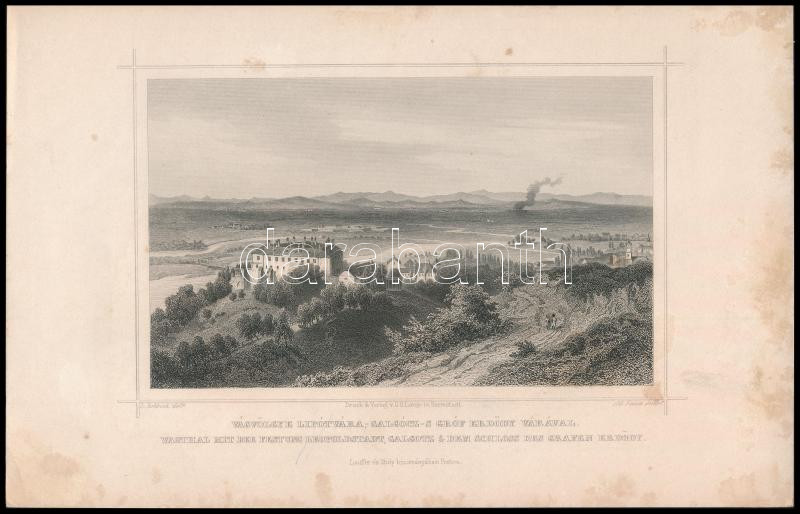 cca 1850 Ludwig Rohbock (1820-1883) - Fesca: Vágvölgye Lipótvára, Galgóc, Gróf Erdődy várával, acélmetszet, papír, jeleztt a metszeten, kissé foltos, 13,5×19 cm