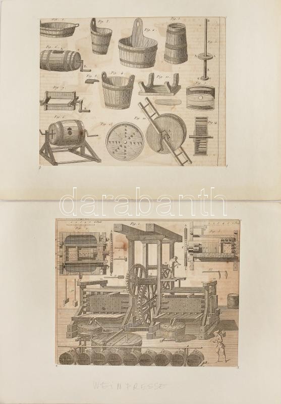 Borászati szerszámok, borkészítés 2 db rézmetszet XVIII. sz. 19x16 cm