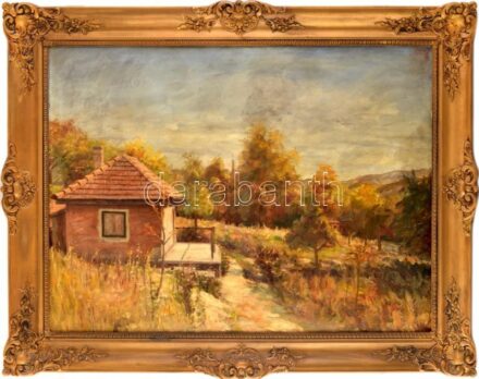 Ibos (?) Károly jelzéssel, XX. sz. közepe: Táj. Olaj, vászon, javított. Dekoratív fakeretben. 60x80 cm KIZÁRÓLAG SZEMÉLYES ÁTVÉTEL, NEM POSTÁZZUK! / ONLY PERSONAL COLLECTION AT OUR OFFICE.