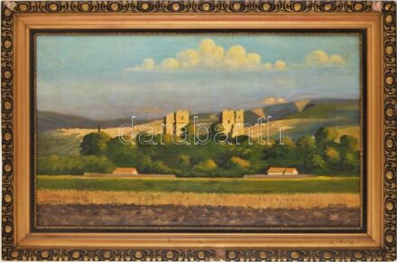 Ibos (?) Károly jelzéssel, XX. sz. első fele: Diósgyőri várrom. Olaj, vászon. Dekoratív, sérült fakeretben. 60x100 cm KIZÁRÓLAG SZEMÉLYES ÁTVÉTEL, NEM POSTÁZZUK! / ONLY PERSONAL COLLECTION AT OUR OFFICE.