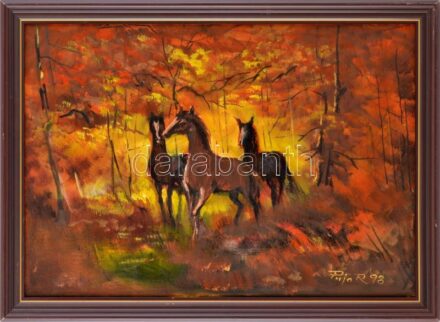 Puja Rezső (?- ): Lovak, 1998. Olaj, vászon, jelzett, fakeretben, 35x50 cm