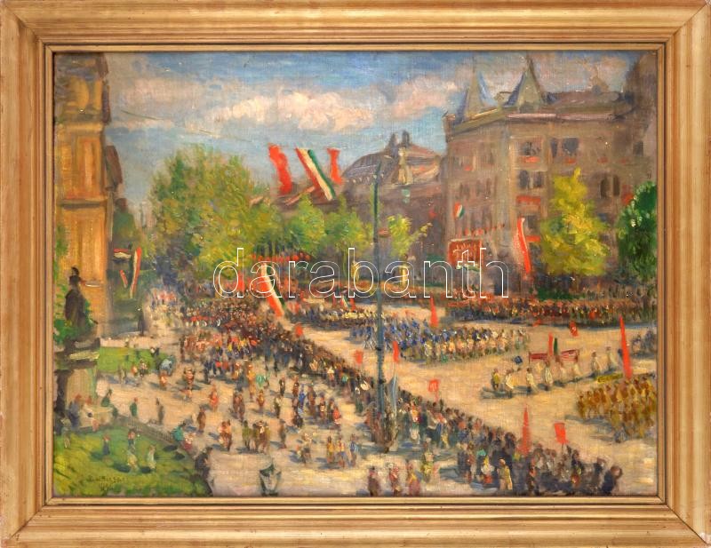 Boldizsár István (1897-1984): Majális Budapesten, 1946. Olaj, vászon, jelezve balra lent. Dekoratív, kissé sérült fa keretben, 60×80 cm. / István Boldizsár (1897-1984): Budapest, 1st of May, 1946. Oil on canvas, signed lower left.