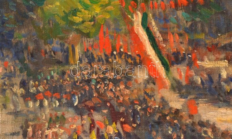 Boldizsár István (1897-1984): Majális Budapesten, 1946. Olaj, vászon, jelezve balra lent. Dekoratív, kissé sérült fa keretben, 60×80 cm. / István Boldizsár (1897-1984): Budapest, 1st of May, 1946. Oil on canvas, signed lower left. - Image 2