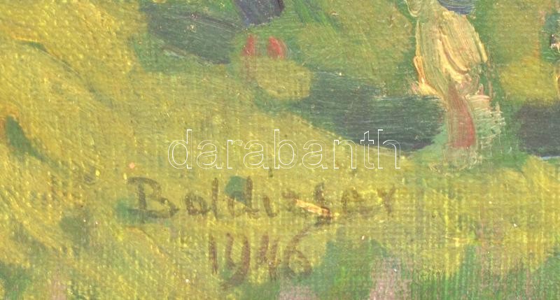 Boldizsár István (1897-1984): Majális Budapesten, 1946. Olaj, vászon, jelezve balra lent. Dekoratív, kissé sérült fa keretben, 60×80 cm. / István Boldizsár (1897-1984): Budapest, 1st of May, 1946. Oil on canvas, signed lower left. - Image 3