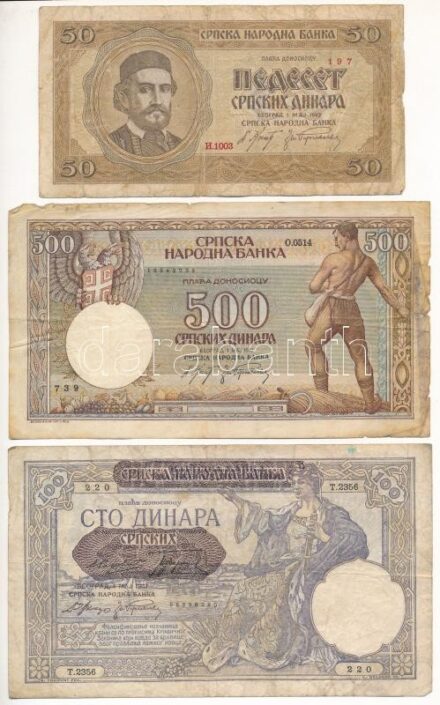 Szerbia / Német megszállás 1941. 100D + 1942. 50D + 500D T:III,III- szakadás, folt Serbia / German Occupation 1941. 100 Dinara + 1942. 50 Dinara + 500 Dinara C:F,VG tear, spot