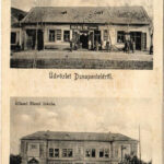 1935 Dunaújváros, Dunapentele, Sztálinváros; állami elemi iskola, Hangya szövetkezet üzlete. Angner Lajos kiadása (r)