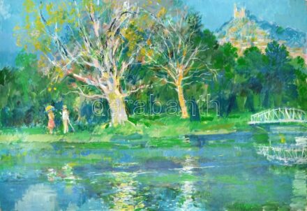Gulyás Dénes (1927-2003): Séta a parkban. Olaj, farost, 70×100 cm