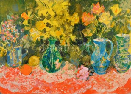 Gulyás Dénes (1927-2003): Virágcsendélet. Vegyes technika, farost, jelzett, 50×70 cm