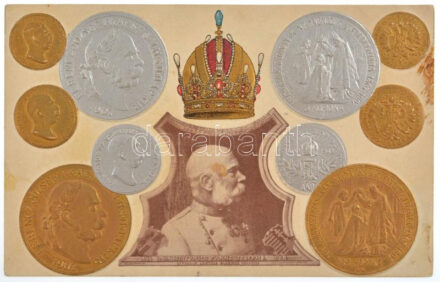 Osztrák-Magyar pénzérméket és Ferenc Józsefet ábrázoló osztrák kiadású képeslap, ezüstözött és aranyozott dombornyomott, litográf képeslap Postcard with Austro-Hungarian coin issues and portrait of Franz Jopseph. Lithography