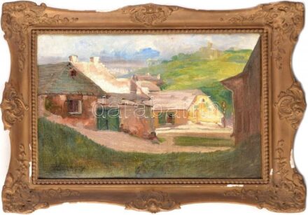 Olvashatatlan (Hamvas?) jelzéssel: Tabáni látkép, háttérben a Gellért-heggyel. Olaj, karton. Dekoratív, sérült fakeretben. 33x43 cm