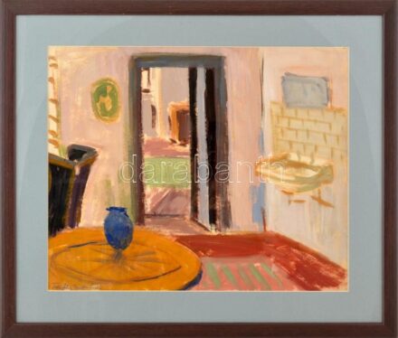 Futásfalvi Márton Piroska jelzéssel: Enteriőr. Tempera, papír. Dekoratív, üvegezett fakeretben. 37x46 cm