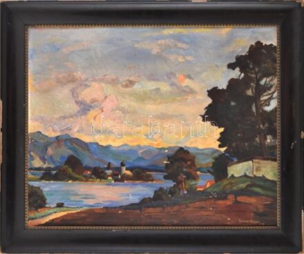 Kaiser, Richard (1868-1941): Vízparti táj. Olaj, vászon. Jelzett. Sérült. Dekoratív, sérült fakeretben. 53x66 cm