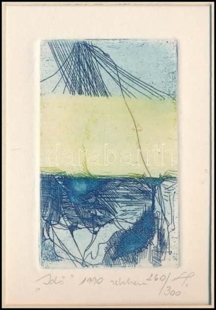 Olvashatatlan jelzéssel: Idő. Rézkarc, papír. Számozott: 260/300. Kissé hullámos. Paszpartuban. Zsugorfóliában. 8x5 cm