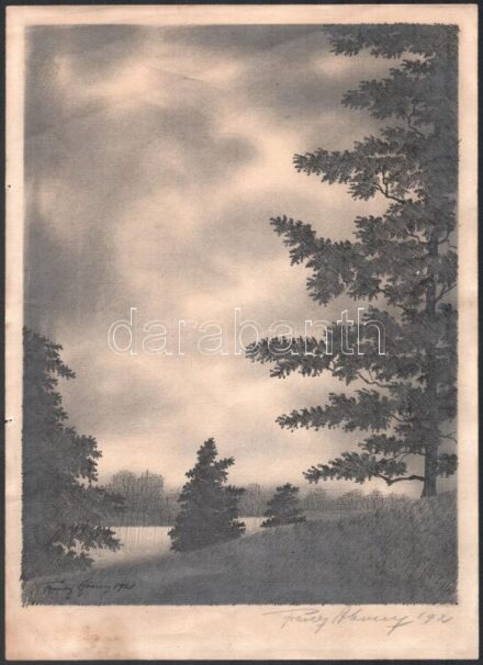 Franz Abony (?-?): Hangulatos táj, 1921. Rézkarc, papír, jelzett, lapszéli apró foltokkal és apró sérülésekkel, 30×22,5 cm