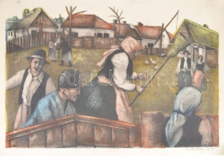 Piroska Belling: Falusi jelenet. Litográfia, papír, jelzett. 38x54 cm