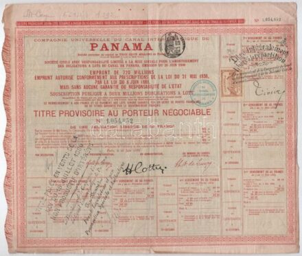 Franciaország / Párizs 1888. 'Panama Óceánok Közti Csatorna Általános Társaság' részvényutalvány bélyegzésekkel, okmánybélyeggel T:III kis szakadások, tűlyukak / France / Paris 1888. 'Compagnie Universelle du Canal Interoceanique