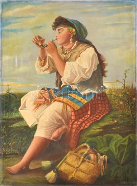 Tihanyi F jelzéssel, Vastagh György után: Pipára gyújtó cigánylány. Olaj, vászon. 70x50,5 cm