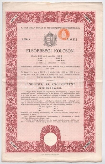 Budapest 1917. 'Magyar Királyi Folyam- és Tengerhajózási Részvénytársaság' elsőbbségi kölcsönkötvénye 1000K-ról, szárazpecstéttel T:II- széleken kis szakadások, kis restaurálás / Hungary / Budapest 1917. 'Hungarian Royal River