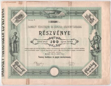 Budapest 1894. 'Tarnóczy Tűzoltószer- és Gépgyár Részvénytársaság' részvénye 100Ft-ról, szárazpecséttel és szelvényekkel, tintás aláírással T:III szakadások, ragasztások / Hungary / Budapest 1894. 'Tarnóczy Fire Extinguisher
