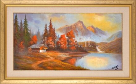 Czinege Zsolt (1964-): Hegyekben. Olaj, vászon, jelzett. Dekoratív fa keretben. 34x63 cm