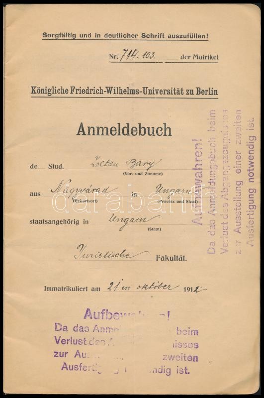 1912 Berlini Egyetem leckekönyve magyar személy részére - Image 2