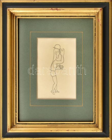 Jelzés nélkül: Kalapos figura. Tus, papír. Dekoratív üvegezett fakeretben. Hátoldalán utólagos Bortnyik Sándor nyomtatott felirattal. 14x9 cm