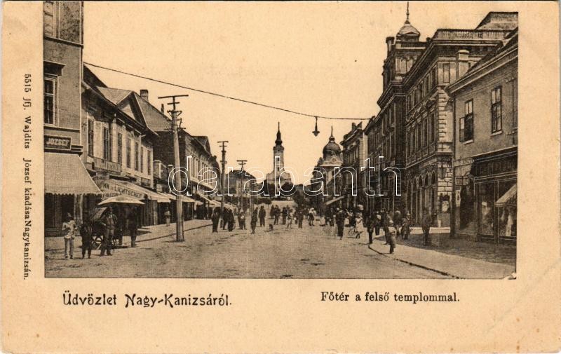 Nagykanizsa, Fő tér, Felső templom, Kohn és Lichtschein üzlete. Ifj. Wajdits József kiadása (fl)