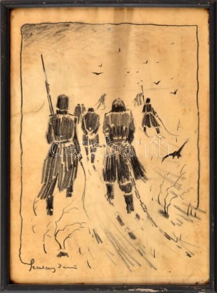 Szalay Jenő, működött a XX. sz. első felében: I. világháborús hadifoglyok. Kréta, papír, kissé sérült. Üvegezett fakeretben. 35x27 cm