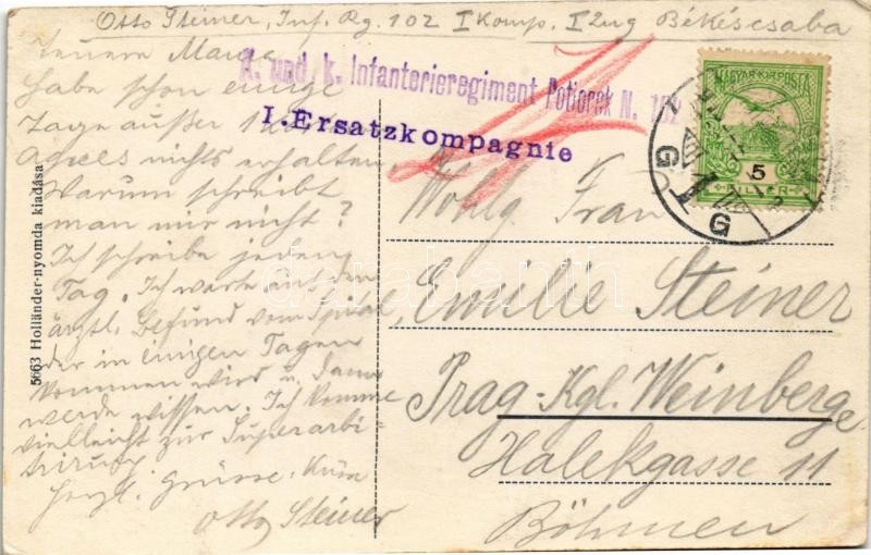 1915 Békéscsaba, Római katolikus templom. Holländer nyomda kiadása + 'K.u.K. Infanterieregiment Potiorek No. 102. I. Ersatzkompagnie' (kopott sarkak / worn corners) - Image 2