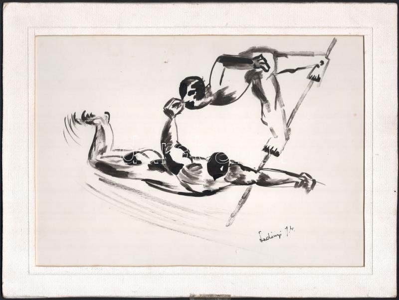 Ladányi jelzéssel: Cirkuszi artisták. Tus, papír. Paszpartuban. 20,5x29 cm