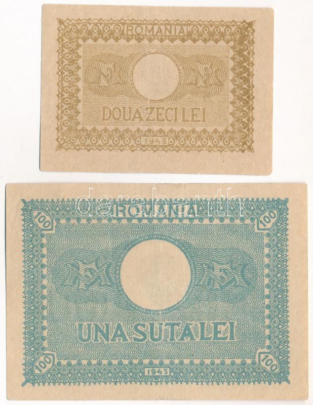 Románia 1945. 20L + 100L T:III Romania 1945. 20 Lei + 100 Lei C:F - Image 2