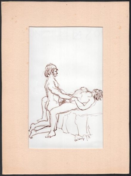 Ladányi jelzéssel: Szeretők (erotikus grafika). Tus, papír. Paszpartuban. 20,5x29 cm