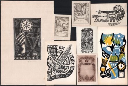 8 db vegyes ex libris és kisgrafika, jelzéssel és jelzés nélkül, 8,5x6 cm és 28x18 cm lapméret között