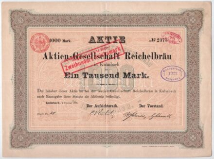 Német Birodalom / Kulmbach 1895. 'Reichelbräu Részvénytársaság' részvénye 1000M-ról felülbélyegzéssekkel T:III tűlyukak / German Empire / Kulmbach 1895. 'Reichelbräu Share Company' share about 1000 Mark with overprints C:F needle holes