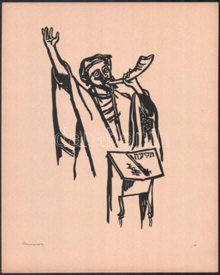 Ámos Imre (1907-1944): A sófár. Linómetszet, papír, jelzett. Az 1940-ben megjelent Zsidó ünnepek c. mappából. 35x28 cm / Imre Ámos (1907-1944): A shofar. Linocut on paper, signed. From the album Jewish holidays (1940). 35x28 cm cm