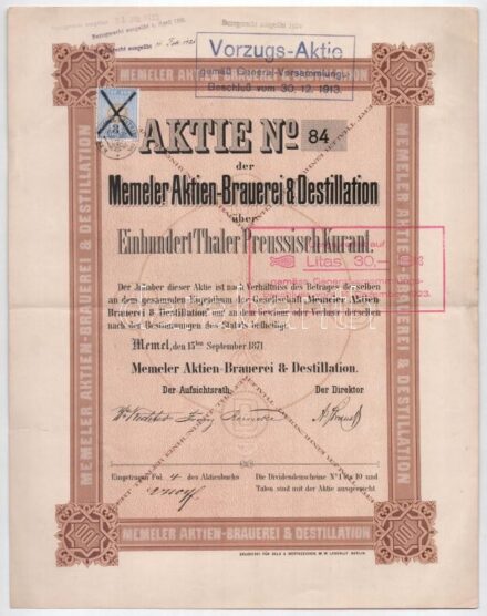 Német Birodalom / Memel 1871. 'Memeli Söröző és Desztilláló Részvénytársaság' részvénye 100T-ról szárazpecséttel, felülbélyegzéssekkel T:II- szakadás / German Empire / Memel 1871. 'Memeler Aktien-Brauerei & Destillation'