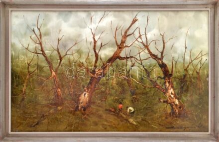 Szegvári Károly (1920-2002): Favágók. Olaj, farost, jelzett, üvegezett fakeretben. 50x80 cm
