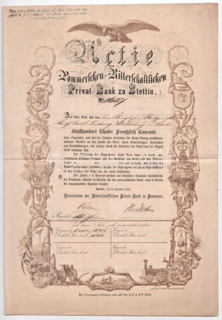 Német Birodalom / Stettin 1856. 'A Stettini Pomerániai Lovagrendi Magánbank' részvénye 500T-ról szárazpecséttel, vízjeles papíron T:III apró beszakadások, fo. / German Empire / Stettin 1856. 'Pommerschen Ritterschaftlichen Privat-Bank